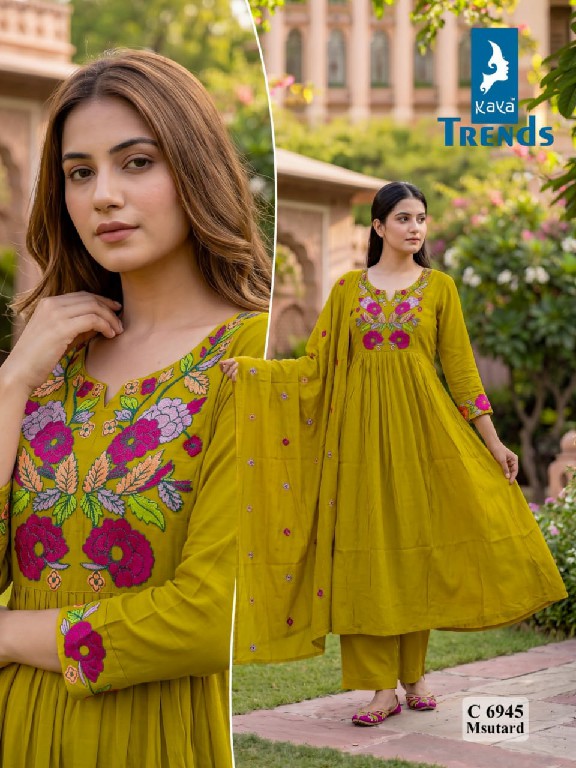 KAYA D.NO 6945 WHOLESALE READYMADE MULL CHANDERI BEAUTIFUL BIG SIZE A LINE GHERA STYLE 3 PCS COMBO SET SUITS SUPPLIER