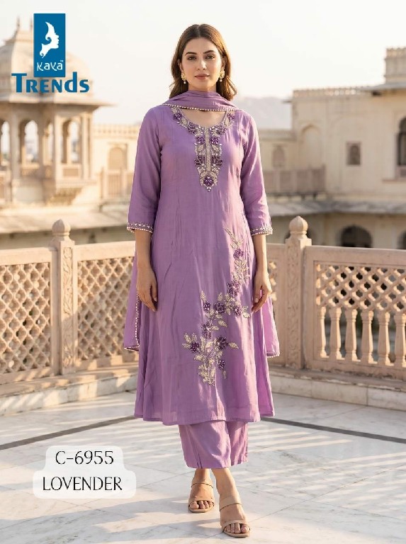 KAYA D.NO 6953 TO 6956 WHOLESALE READYMADE MULL CHANDERI WITH FANCY WORK  A LINE CUT 3 PCS COMBO SET SUITS FOR EXPORT