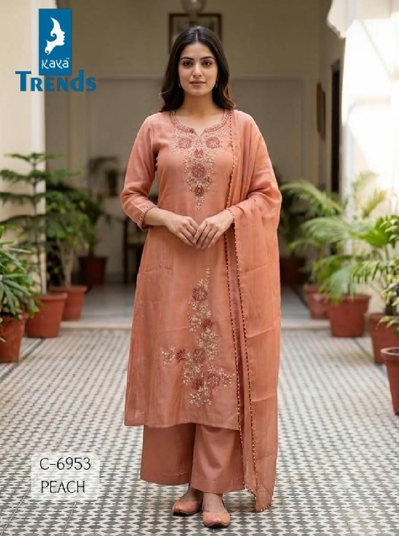 KAYA D.NO 6953 TO 6956 WHOLESALE READYMADE MULL CHANDERI WITH FANCY WORK  A LINE CUT 3 PCS COMBO SET SUITS FOR EXPORT