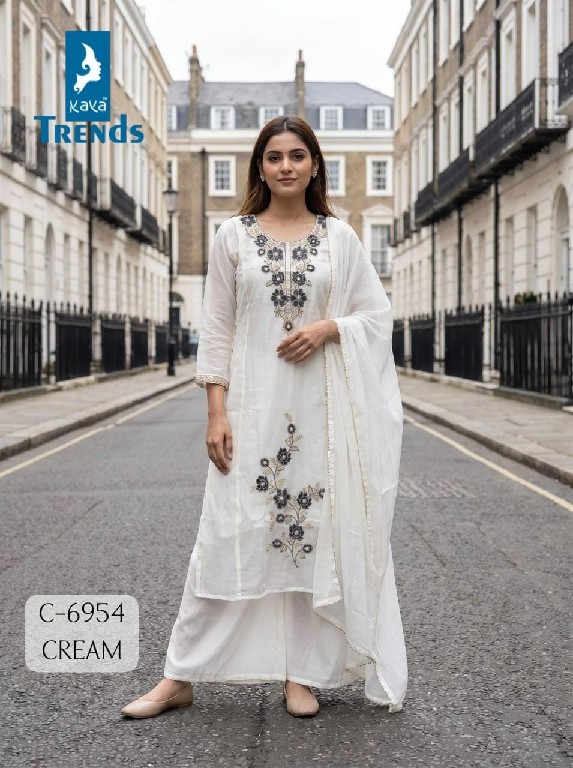 KAYA D.NO 6953 TO 6956 WHOLESALE READYMADE MULL CHANDERI WITH FANCY WORK  A LINE CUT 3 PCS COMBO SET SUITS FOR EXPORT