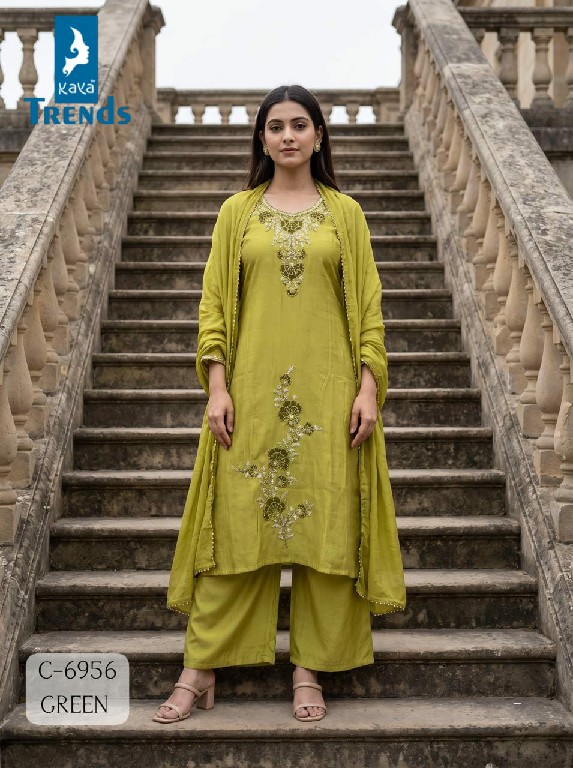 KAYA D.NO 6953 TO 6956 WHOLESALE READYMADE MULL CHANDERI WITH FANCY WORK  A LINE CUT 3 PCS COMBO SET SUITS FOR EXPORT