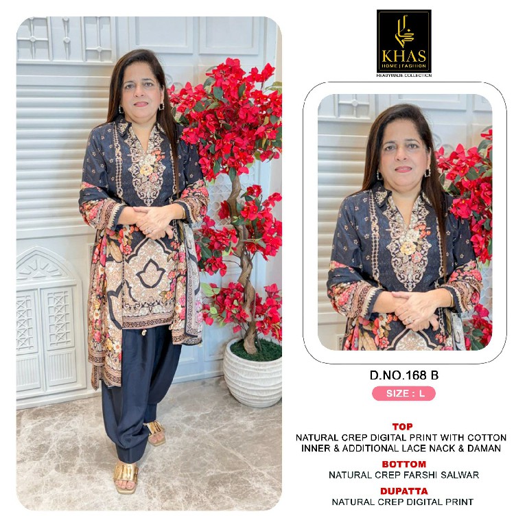 KHAS D.NO 168 WHOLESALE READYMADE NATURAL CREPE FARSHI SALWAR STYLE 3 PCS COMBO SET SUITS SUPPLIER