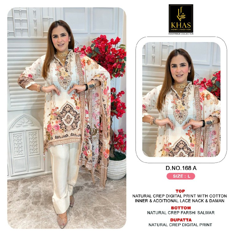 KHAS D.NO 168 WHOLESALE READYMADE NATURAL CREPE FARSHI SALWAR STYLE 3 PCS COMBO SET SUITS SUPPLIER