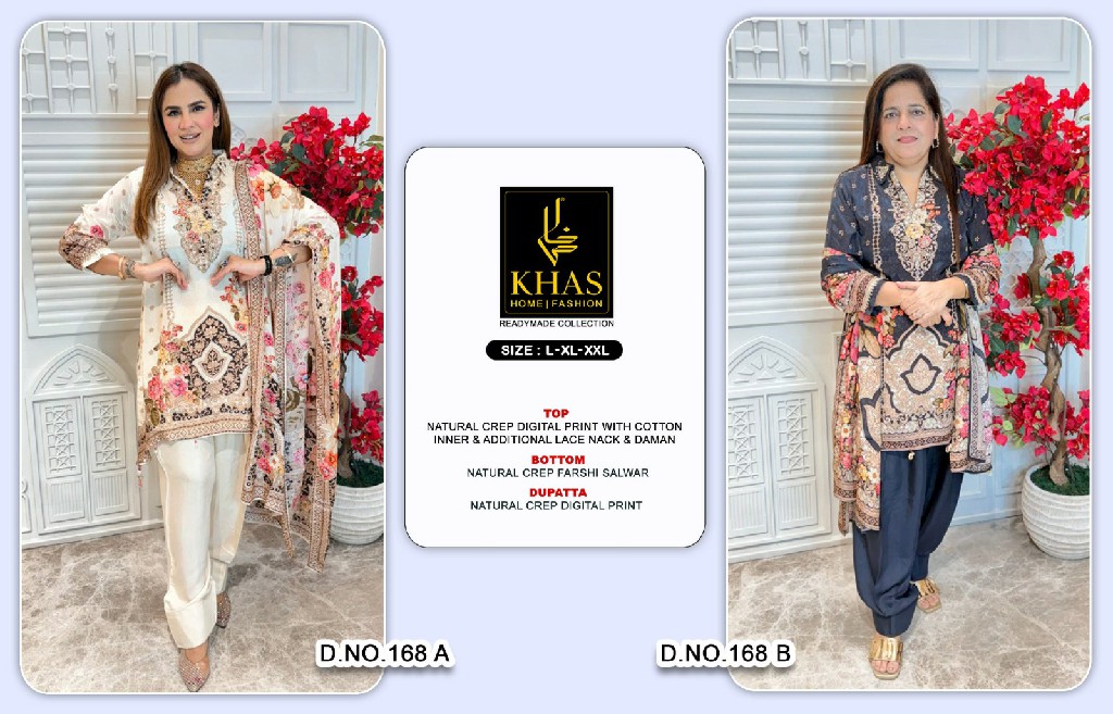 KHAS D.NO 168 WHOLESALE READYMADE NATURAL CREPE FARSHI SALWAR STYLE 3 PCS COMBO SET SUITS SUPPLIER