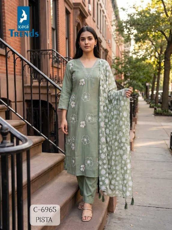 KAYA D.NO 6965 WHOLESALE READYMADE MULL CHANDERI WITH WORK LONG STRAIGHT STYLE 3 PCS COMBO SET SUITS ONLINE