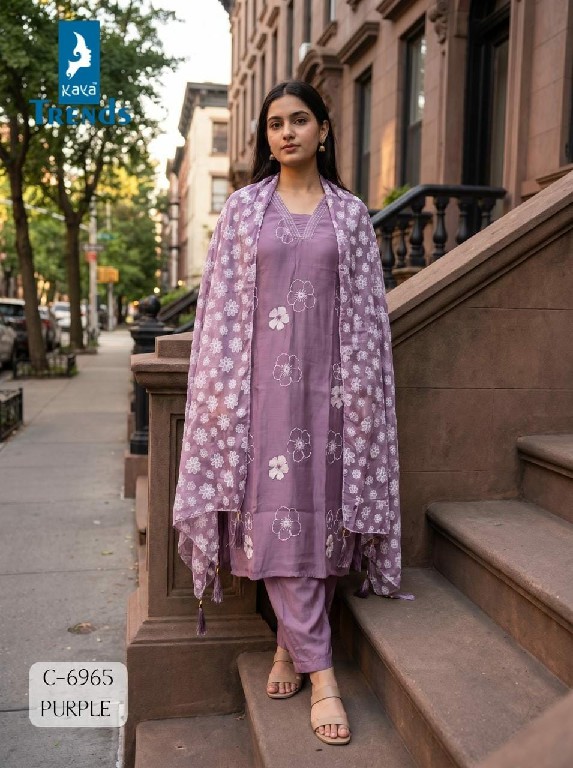 KAYA D.NO 6965 WHOLESALE READYMADE MULL CHANDERI WITH WORK LONG STRAIGHT STYLE 3 PCS COMBO SET SUITS ONLINE