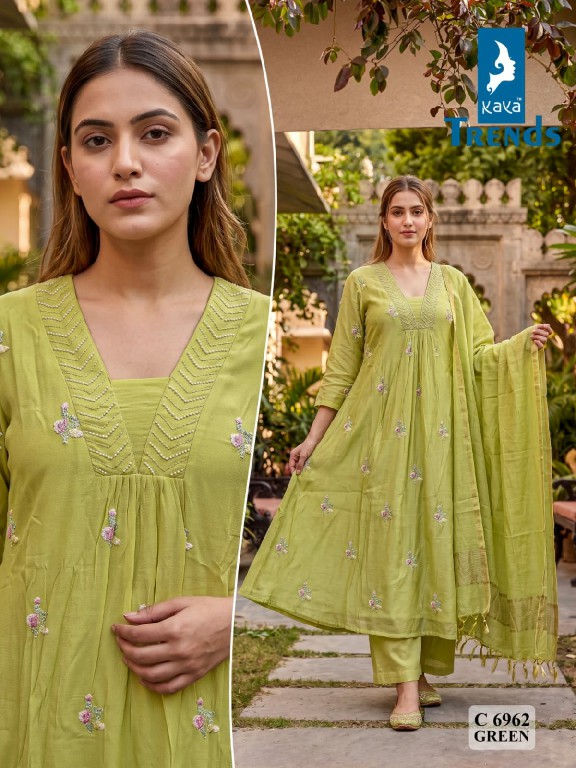KAYA D.NO 6962 WHOLESALE READYMADE MULL CHANDERI HAND WORK A LINE GHERA STYLE 3 PCS COMBO SET SUITS SUPPLIER