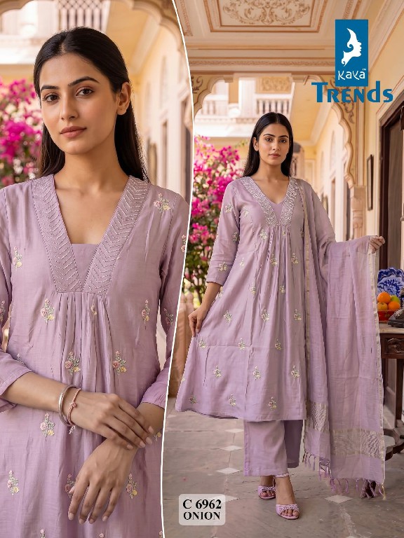 KAYA D.NO 6962 WHOLESALE READYMADE MULL CHANDERI HAND WORK A LINE GHERA STYLE 3 PCS COMBO SET SUITS SUPPLIER