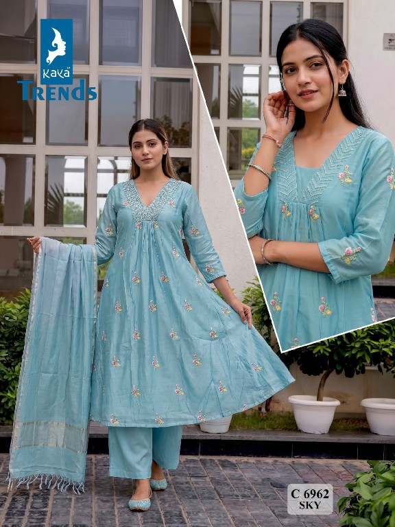 KAYA D.NO 6962 WHOLESALE READYMADE MULL CHANDERI HAND WORK A LINE GHERA STYLE 3 PCS COMBO SET SUITS SUPPLIER
