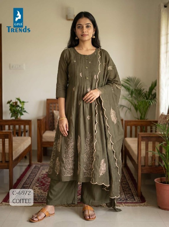 KAYA D.NO 6972 WHOLESALE READYMADE MULL CHANDERI WITH WORK FASHIONABLE 3 PCS COMBO SET SUITS EXPORTER