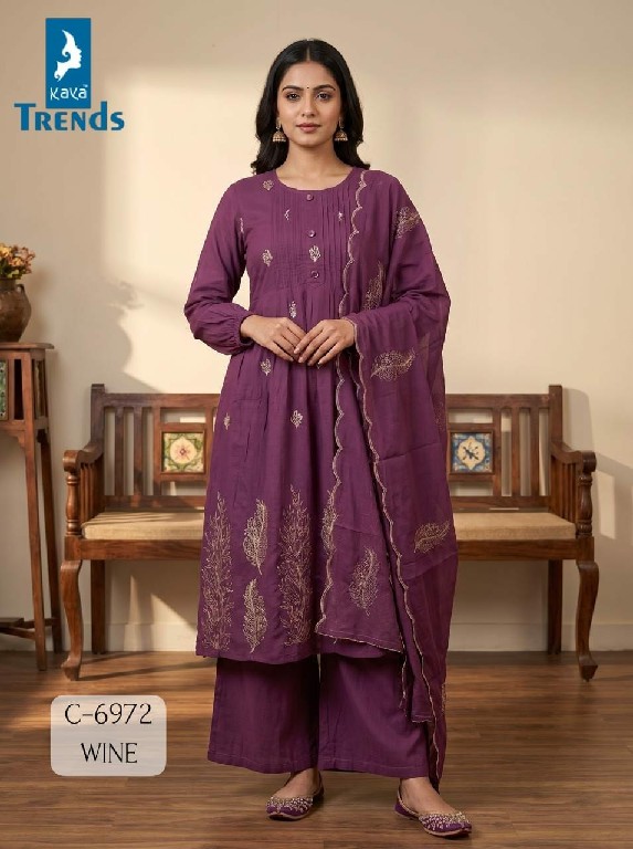 KAYA D.NO 6972 WHOLESALE READYMADE MULL CHANDERI WITH WORK FASHIONABLE 3 PCS COMBO SET SUITS EXPORTER