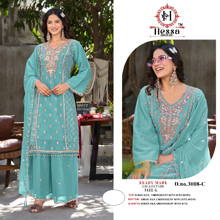 HESSA D.NO 3008 WHOLESALE READYMADE SIMAR SILK PAKISTANI PLAZZO STYLE 3 PCS SUITS EXPORTER