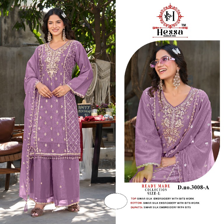 HESSA D.NO 3008 WHOLESALE READYMADE SIMAR SILK PAKISTANI PLAZZO STYLE 3 PCS SUITS EXPORTER