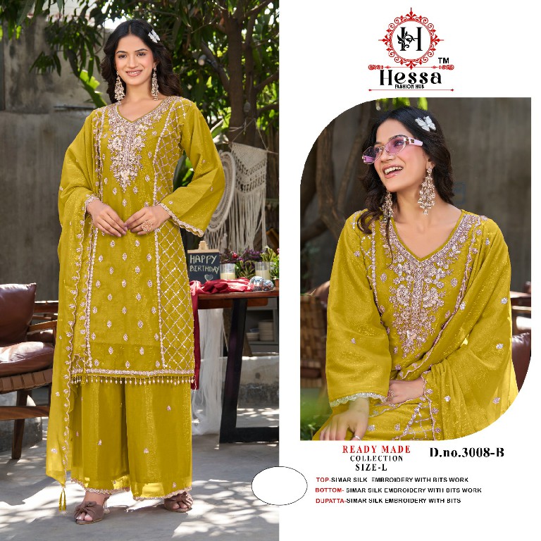 HESSA D.NO 3008 WHOLESALE READYMADE SIMAR SILK PAKISTANI PLAZZO STYLE 3 PCS SUITS EXPORTER