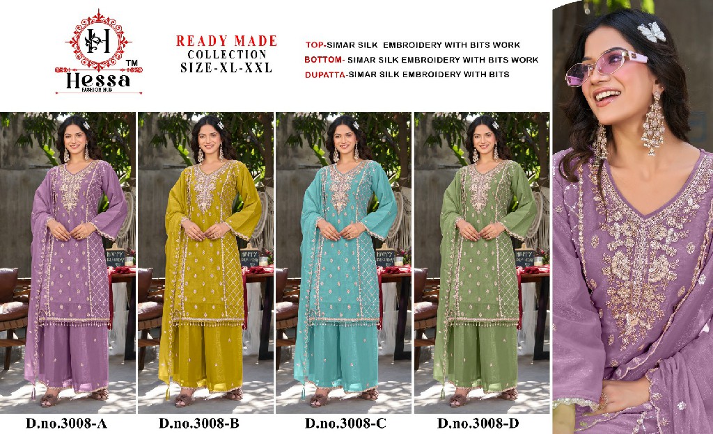 HESSA D.NO 3008 WHOLESALE READYMADE SIMAR SILK PAKISTANI PLAZZO STYLE 3 PCS SUITS EXPORTER