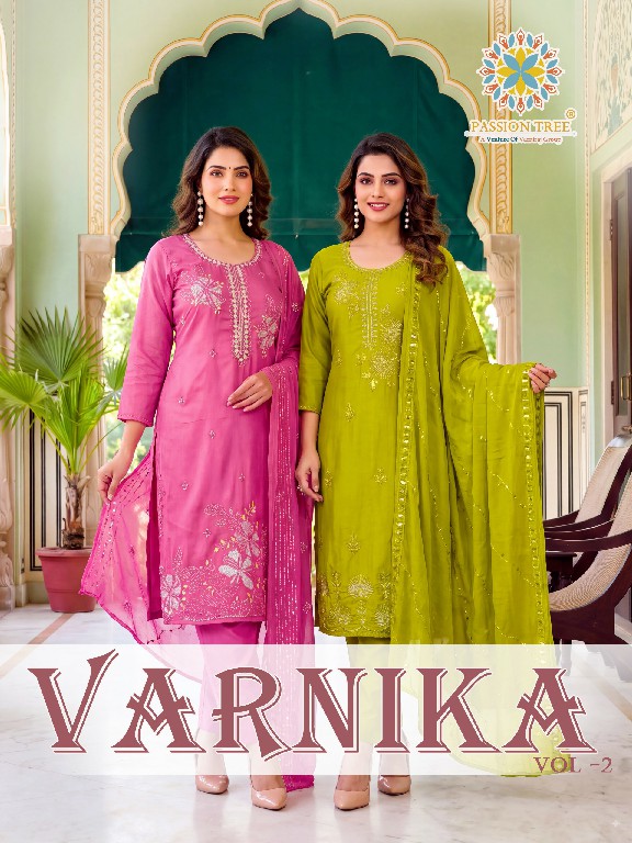 PASSION TREE VARNIKA VOL 2 WHOLESALE READYMADE GLASS ROMAN SILK BIG SIZE ELEGANT 3 PCS SUITS SUPPLIER