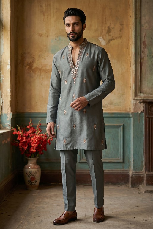 OUTLUK WEDDING COLLECTION VOL 54 WHOLESALE READYMADE LACHAKA V NECK DESIGNER SHORT KURTA WITH PANT FOR MEN OLINE