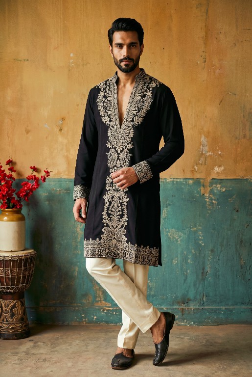 OUTLUK WEDDING COLLECTION VOL 54 WHOLESALE READYMADE LACHAKA V NECK DESIGNER SHORT KURTA WITH PANT FOR MEN OLINE