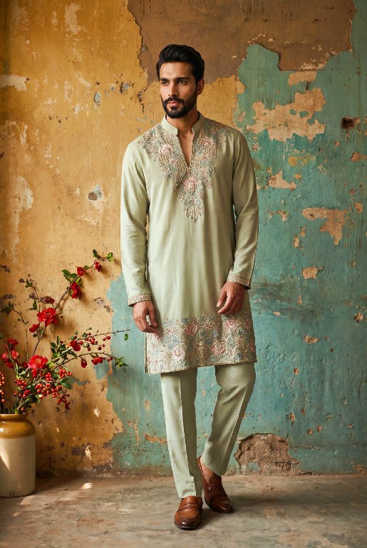 OUTLUK WEDDING COLLECTION VOL 54 WHOLESALE READYMADE LACHAKA V NECK DESIGNER SHORT KURTA WITH PANT FOR MEN OLINE