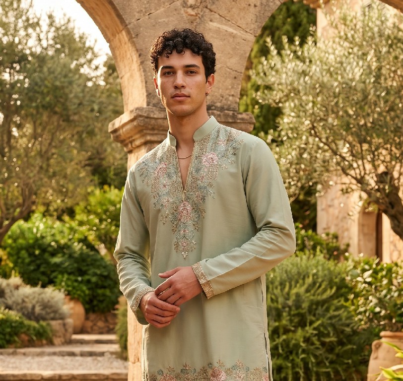 OUTLUK WEDDING COLLECTION VOL 54 WHOLESALE READYMADE LACHAKA V NECK DESIGNER SHORT KURTA WITH PANT FOR MEN OLINE