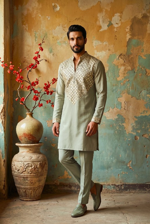 OUTLUK WEDDING COLLECTION VOL 54 WHOLESALE READYMADE LACHAKA V NECK DESIGNER SHORT KURTA WITH PANT FOR MEN OLINE