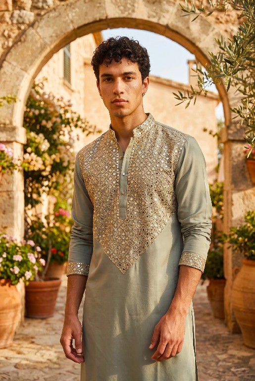 OUTLUK WEDDING COLLECTION VOL 54 WHOLESALE READYMADE LACHAKA V NECK DESIGNER SHORT KURTA WITH PANT FOR MEN OLINE