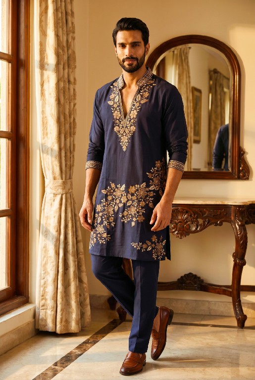 OUTLUK WEDDING COLLECTION VOL 54 WHOLESALE READYMADE LACHAKA V NECK DESIGNER SHORT KURTA WITH PANT FOR MEN OLINE