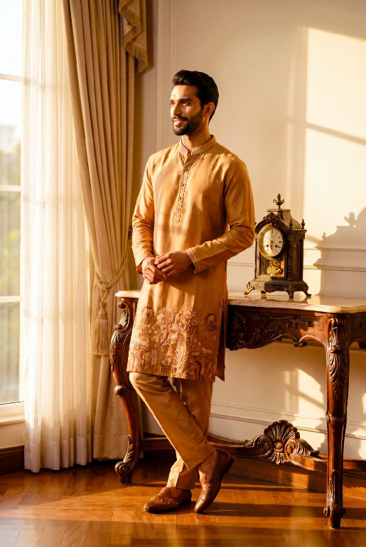 OUTLUK WEDDING COLLECTION VOL 54 WHOLESALE READYMADE LACHAKA V NECK DESIGNER SHORT KURTA WITH PANT FOR MEN OLINE