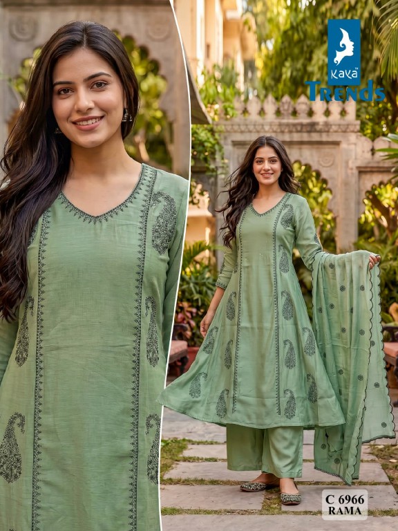 KAYA D.NO 6966 WHOLESALE READYMADE MULL CHANDERI UNIQUE A LINE STYLE 3 PCS COMBO SET SUITS FOR EXPORT