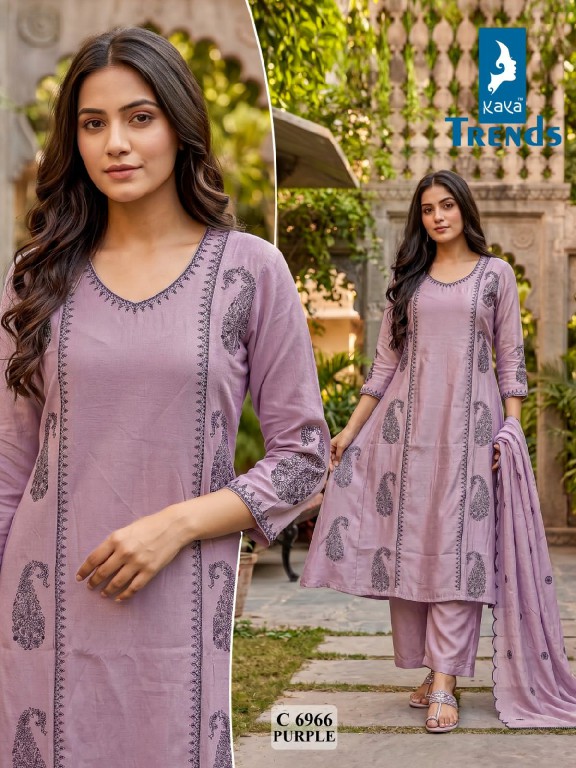 KAYA D.NO 6966 WHOLESALE READYMADE MULL CHANDERI UNIQUE A LINE STYLE 3 PCS COMBO SET SUITS FOR EXPORT