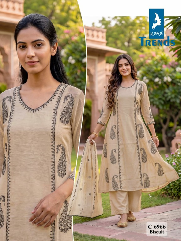 KAYA D.NO 6966 WHOLESALE READYMADE MULL CHANDERI UNIQUE A LINE STYLE 3 PCS COMBO SET SUITS FOR EXPORT