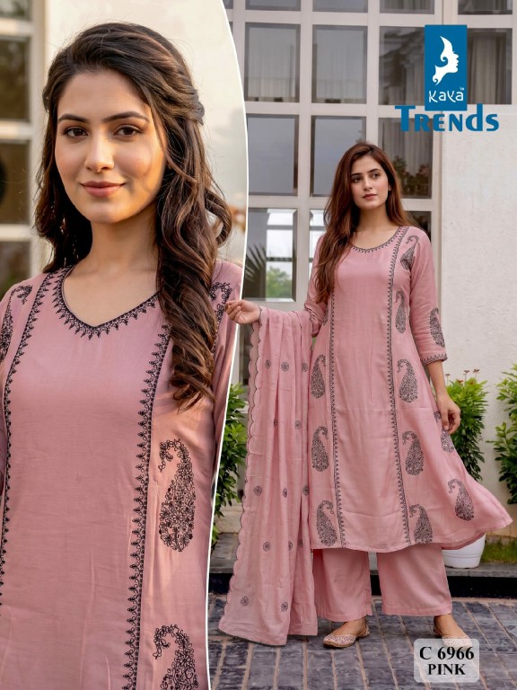 KAYA D.NO 6966 WHOLESALE READYMADE MULL CHANDERI UNIQUE A LINE STYLE 3 PCS COMBO SET SUITS FOR EXPORT