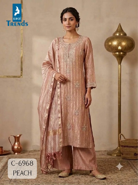 KAYA D.NO 6968 WHOLESALE READYMADE CRUSH TISSUE FANCY WORK TRENDING 3 PCS COMBO SET SUITS EXPORTER