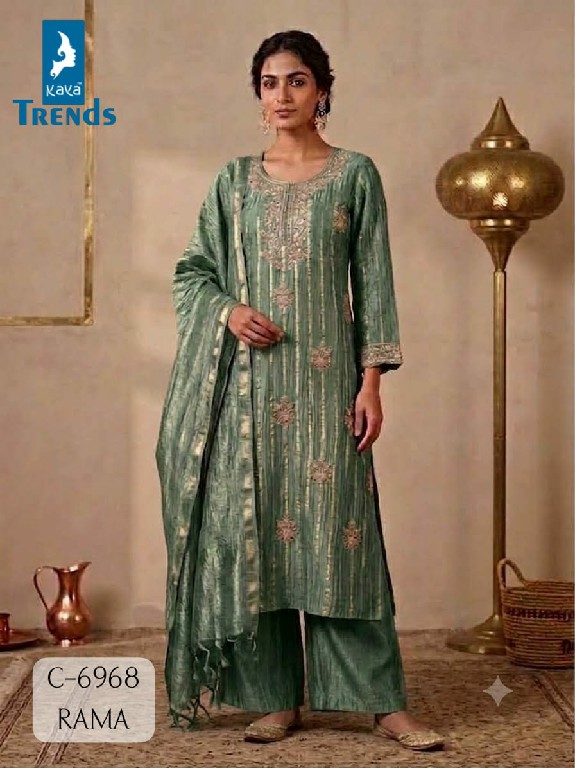 KAYA D.NO 6968 WHOLESALE READYMADE CRUSH TISSUE FANCY WORK TRENDING 3 PCS COMBO SET SUITS EXPORTER