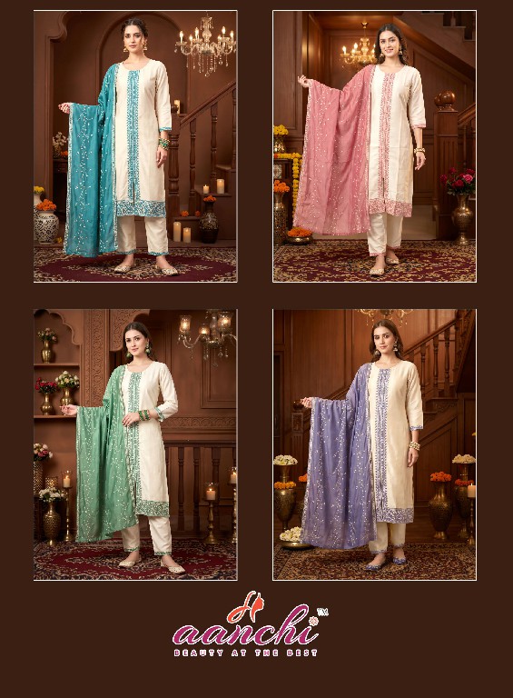 AANCHI KAASHI WHOLESALE READYMADE VICHITRA SILK UNIQUE STYLISH 3 PCS SUITS FOR EXPORT