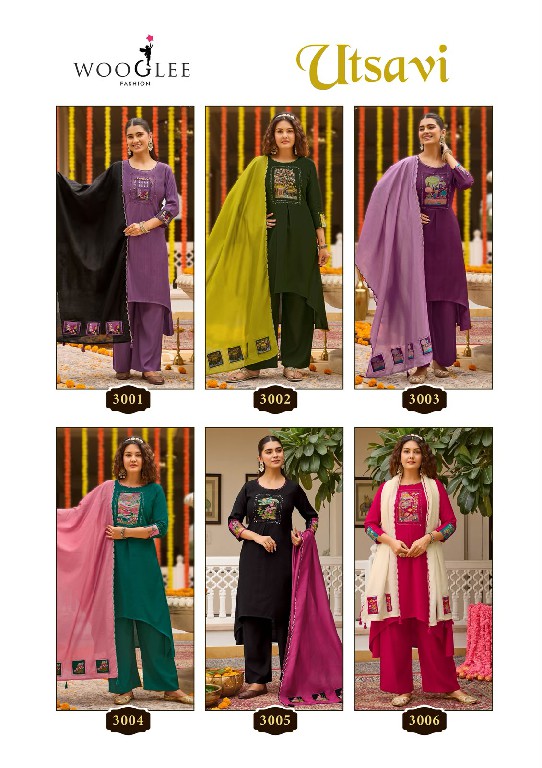 WOOGLEE UTSAVI WHOLESALE READYMADE VISCOSE WEAVING ELEGANT LOOK 3 PCS SUITS SUPPLIER