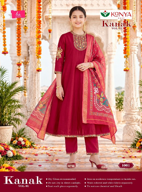 KANYA KART KANAK VOL 1 WHOLESALE READYMADE VERTICAN ANARKALI STYLE ETHNIC WEAR 3 PCS SUITS FOR KIDS ONLINE