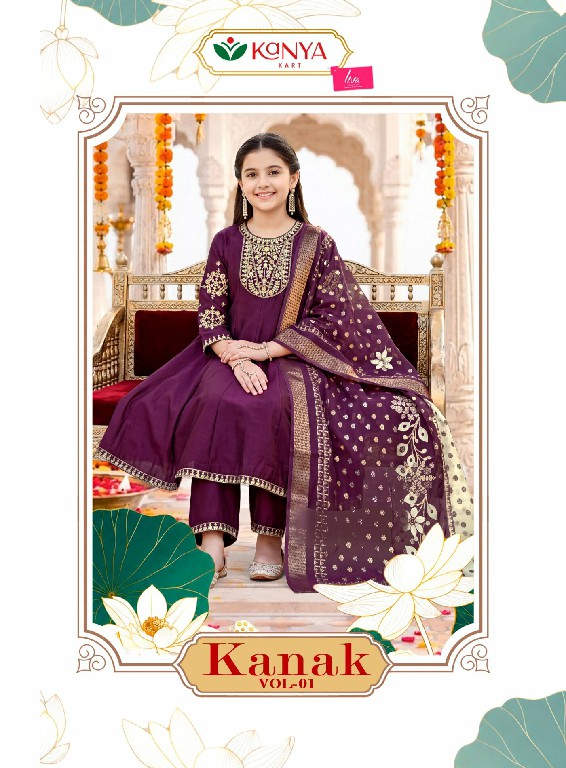 KANYA KART KANAK VOL 1 WHOLESALE READYMADE VERTICAN ANARKALI STYLE ETHNIC WEAR 3 PCS SUITS FOR KIDS ONLINE