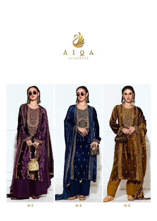AIQA RUBAAB WHOLESALE VISCOSE VELVET WINTER WEAR ELEGANT UNSTITCH SALWAR SUITS ONLINE