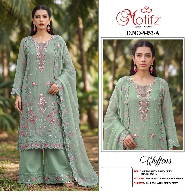 MOTIFZ D.NO 5453 WHOLESALE CHIFFON WITH WORK PAKSTANI UNSTITCH SALWAR SUITS EXPORTER