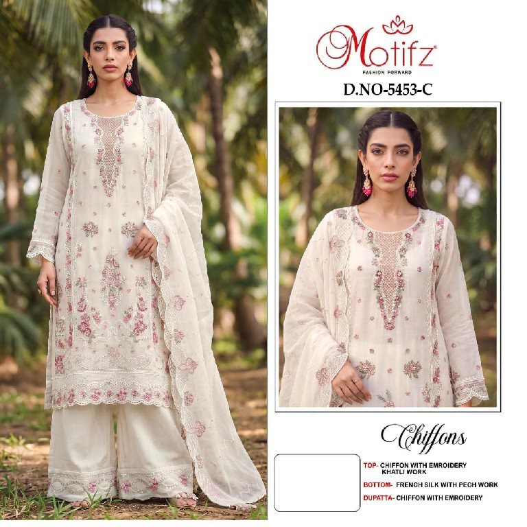 MOTIFZ D.NO 5453 WHOLESALE CHIFFON WITH WORK PAKSTANI UNSTITCH SALWAR SUITS EXPORTER
