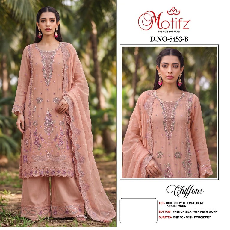 MOTIFZ D.NO 5453 WHOLESALE CHIFFON WITH WORK PAKSTANI UNSTITCH SALWAR SUITS EXPORTER