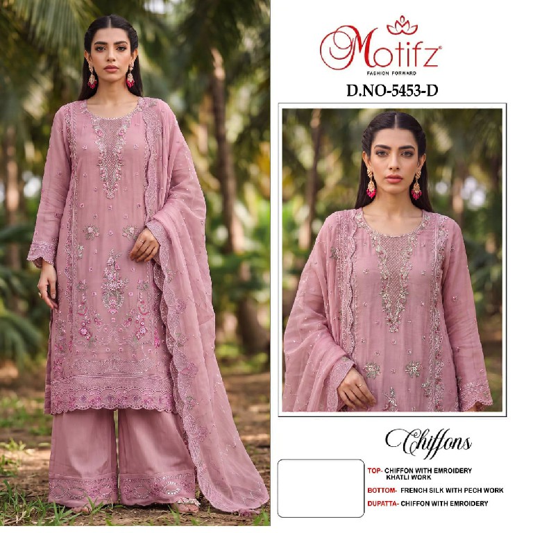 MOTIFZ D.NO 5453 WHOLESALE CHIFFON WITH WORK PAKSTANI UNSTITCH SALWAR SUITS EXPORTER