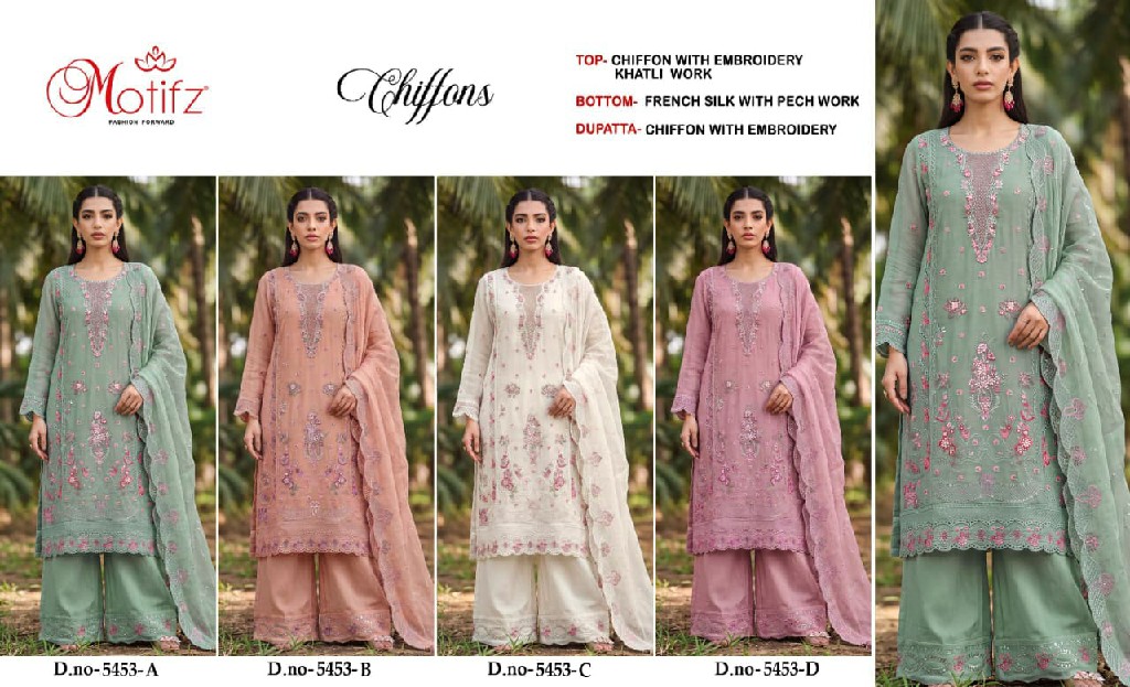 MOTIFZ D.NO 5453 WHOLESALE CHIFFON WITH WORK PAKSTANI UNSTITCH SALWAR SUITS EXPORTER