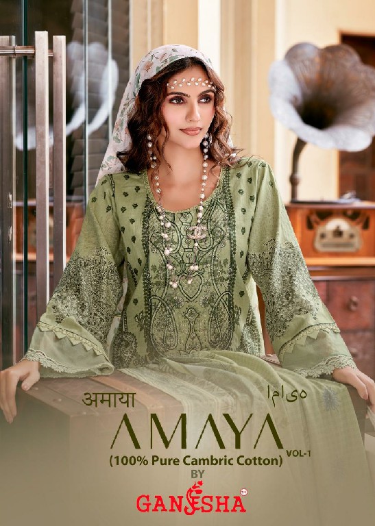 GANESHA AMAYA VOL 1 WHOLESALE COTTON KARACHI STYLE WITH NECK WORK UNSTITCH SALWAR SUITS EXPORTER