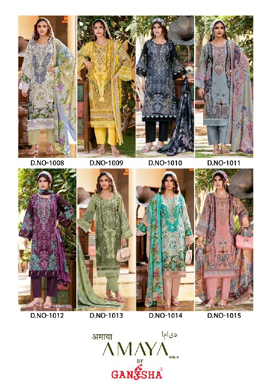 GANESHA AMAYA VOL 1 WHOLESALE COTTON KARACHI STYLE WITH NECK WORK UNSTITCH SALWAR SUITS EXPORTER
