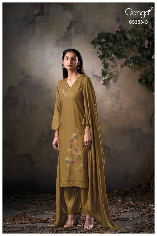 GANGA KESHA S5353 WHOLESALE PURE WOOL PASHMINA WINTER WEAR UNSTITCH SALWAR SUITS SUPPLIER
