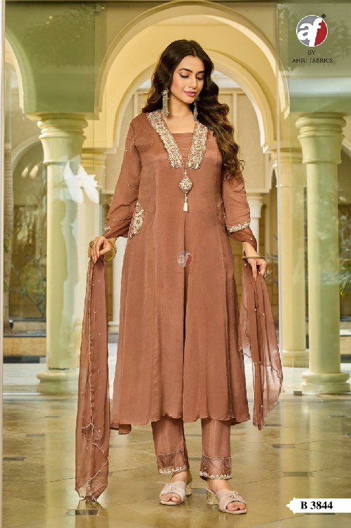 ANJU FAB D.NO B 3844 WHOLESALE READYMADE CHINON CHIFFON TRENDY FLARED STYLE 3 PCS COMBO SET SUITS EXPORTER
