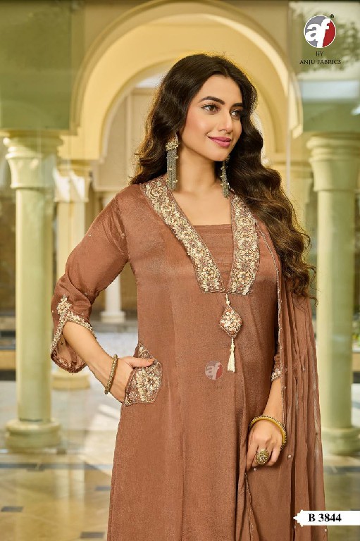 ANJU FAB D.NO B 3844 WHOLESALE READYMADE CHINON CHIFFON TRENDY FLARED STYLE 3 PCS COMBO SET SUITS EXPORTER