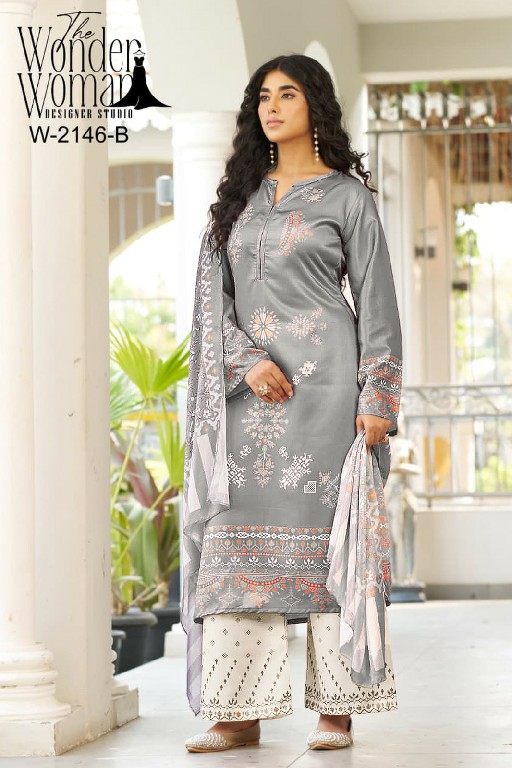 WONDER WOMAN D.NO 2146 COLORS WHOLESALE READYMADE ARMANI SATIN CLASSIC PAKISTANI 3 PCS COMBO SET SUITS SUPPLIER